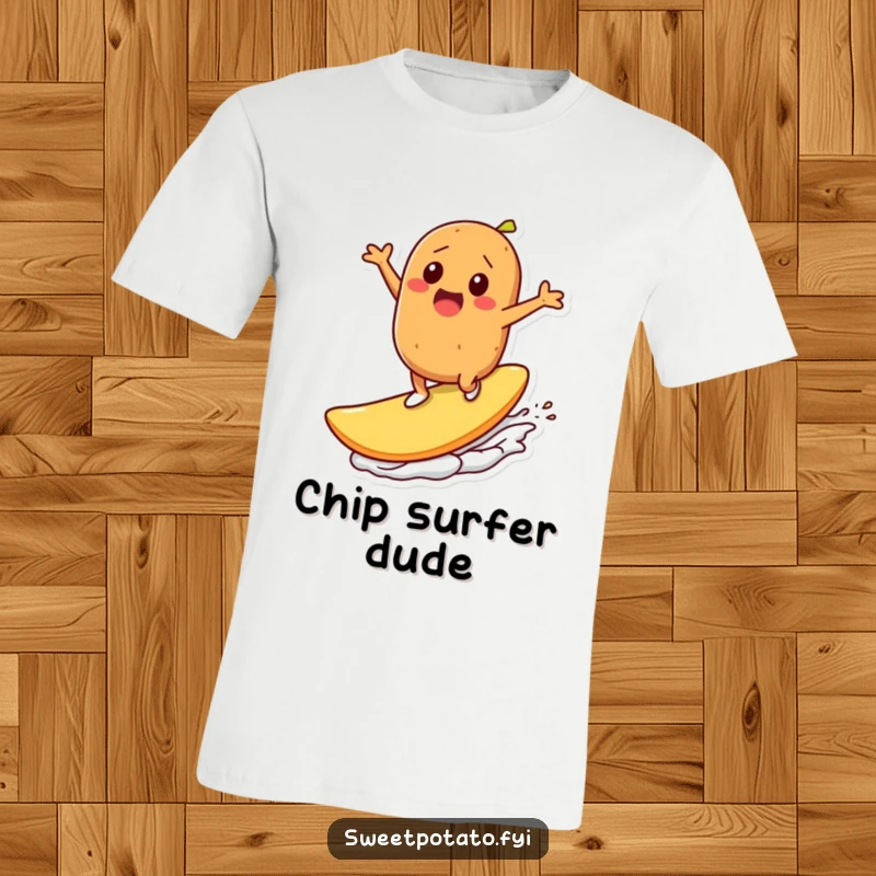Funny t-shirt: A sweet potato character excitedly surfs on a colossal potato chip, radiating pure thrill and a passion for snacking adventures.