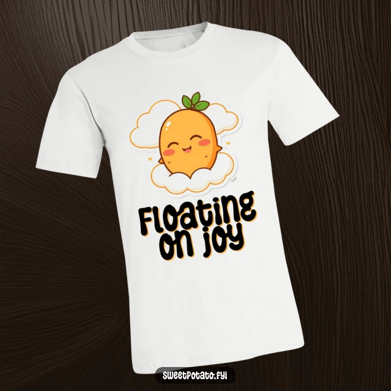 Funny t-shirt depicting a winking sweet potato character blissfully riding a happy cloud, evoking feelings of joy and freedom.