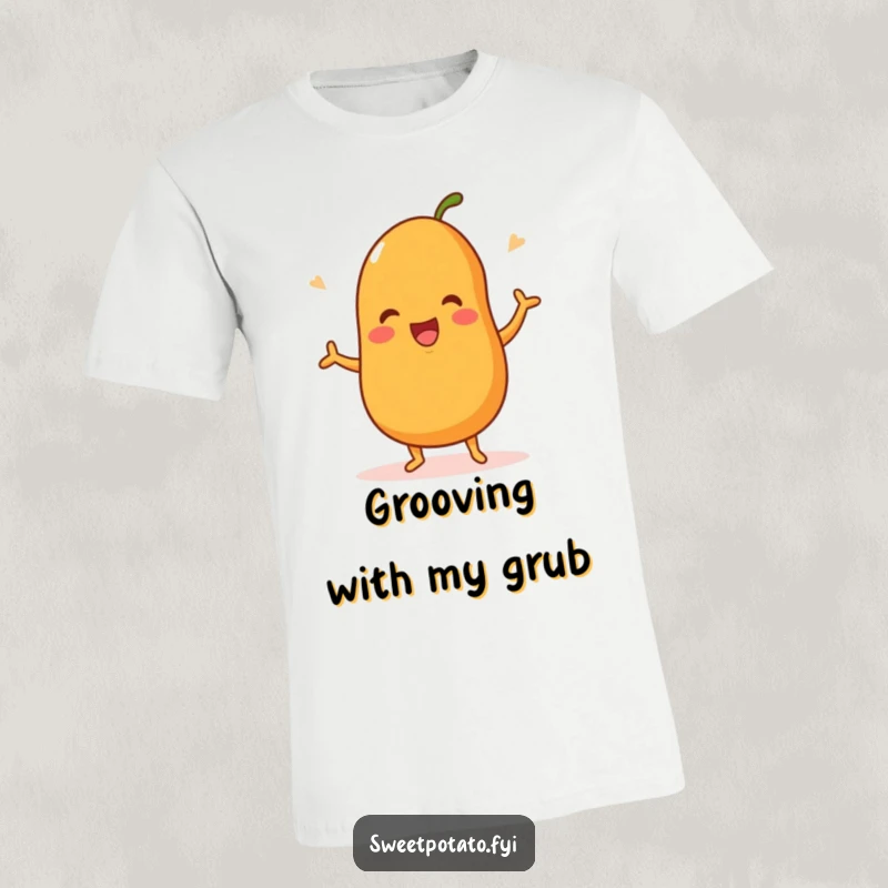 Funny t-shirt with a sweet potato character enthusiastically doing a happy dance, embodying cheerful, uninhibited movement.