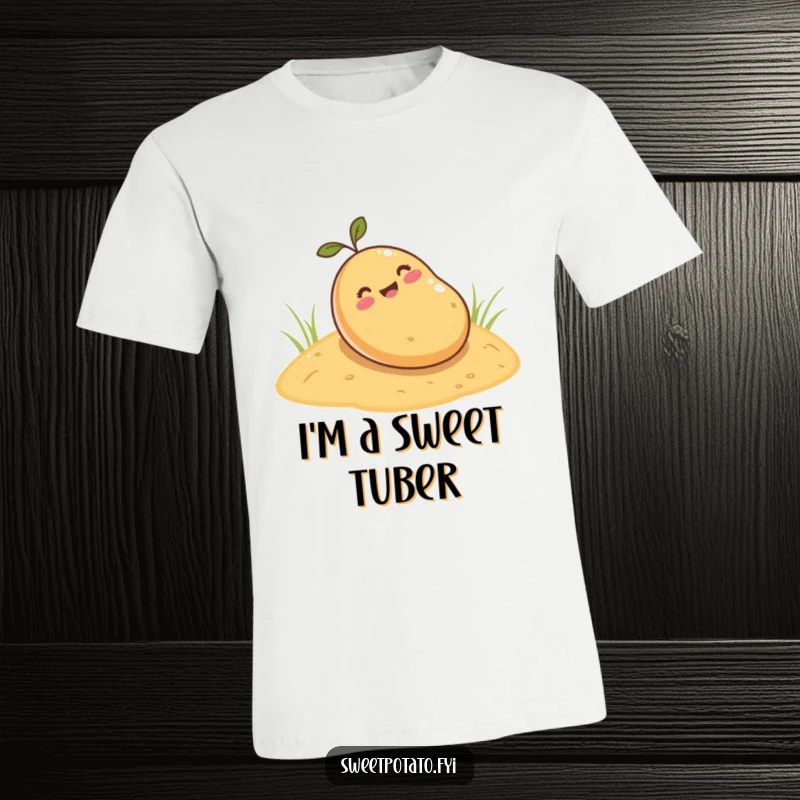 Funny sweet potato rolling t-shirt, a cartoon sweet potato happily descending a sandy hill, conveying a sense of fun and freedom.