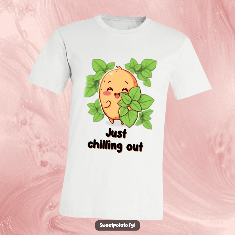 Funny t-shirt featuring a cheerful sweet potato character fanning itself with a large mint leaf, radiating a calm, cool, and humorous aura.