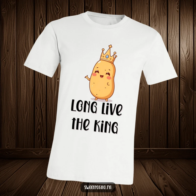 Funny t-shirt showcasing a sweet potato wearing a tiny crown, striking a confident and majestic pose, exuding potato royalty.