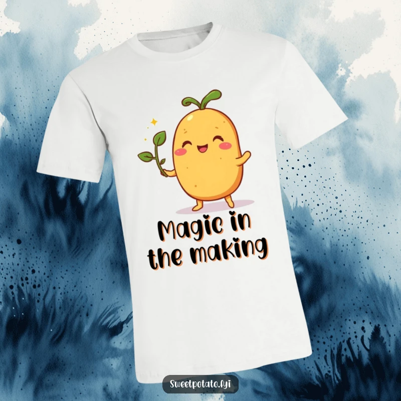 Funny T-shirt featuring a pleased sweet potato character performing a magic trick using a small sprout, creating an illusion.