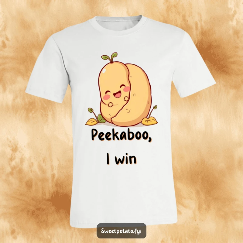 Funny sweet potato character playing hide-and-seek behind a giant potato, a whimsical and humorous t-shirt.