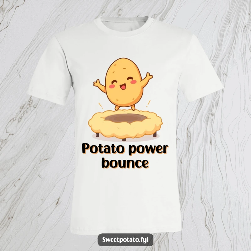 Funny t-shirt depicting a tickled sweet potato character energetically bouncing on a mashed potato trampoline, symbolizing pure comfort and hilarious fun.