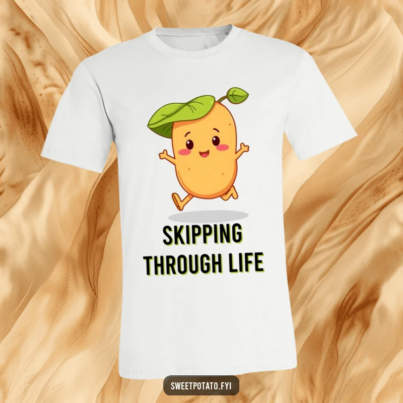 Funny t-shirt with a sweet potato character in a leaf hat, happily skipping with a sense of carefree joy.