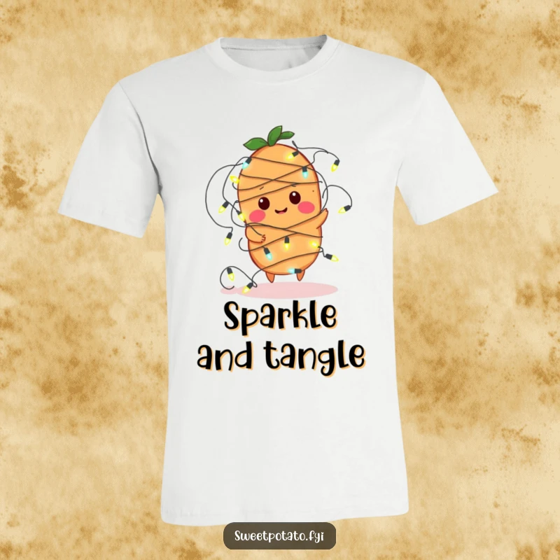 Funny t-shirt featuring a sweet potato character comically wrapped up in a strand of bright fairy lights, looking playfully stuck.