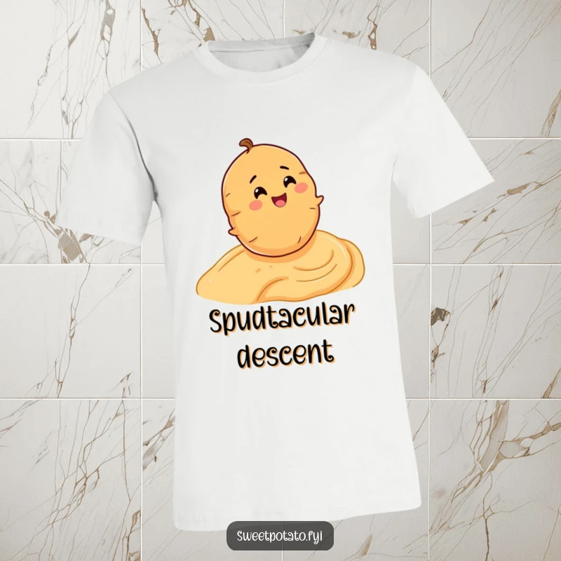 Funny t-shirt illustrating a smiling sweet potato character enjoying a delightful roll down a creamy hummus slope.