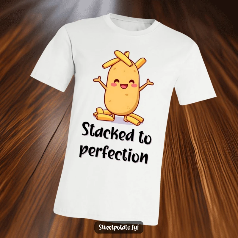 Funny sweet potato grinning while balancing a precarious stack of potato wedges, humorous t-shirt design.