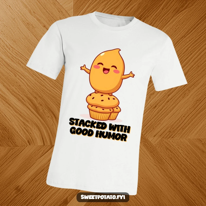 Funny T-Shirt: A laughing sweet potato character precariously balancing on a stack of muffins, embodying delightful, edible chaos.