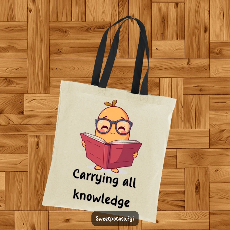 Funny tote bag featuring a sweet potato character wearing glasses, reading a large book, showcasing a humorous and intellectual design.