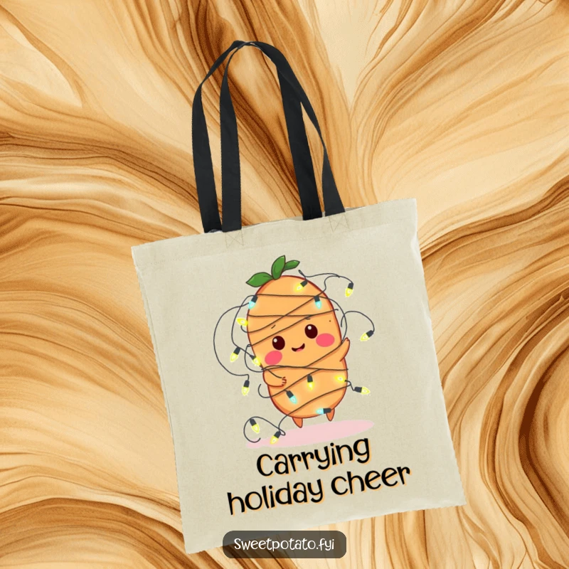 Funny tote bag featuring a sweet potato character comically caught in a string of fairy lights, perfect for a whimsical shopper.