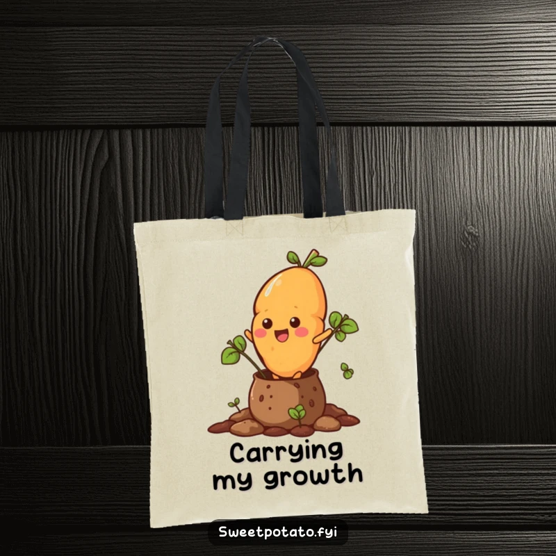 Funny tote bag illustrating a sweet potato character bursting triumphantly out of a soil pot, ready for anything.