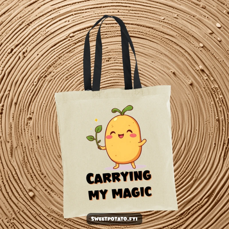 Funny tote bag featuring a pleased sweet potato character performing a magic trick with a sprout, ready for mysterious errands.