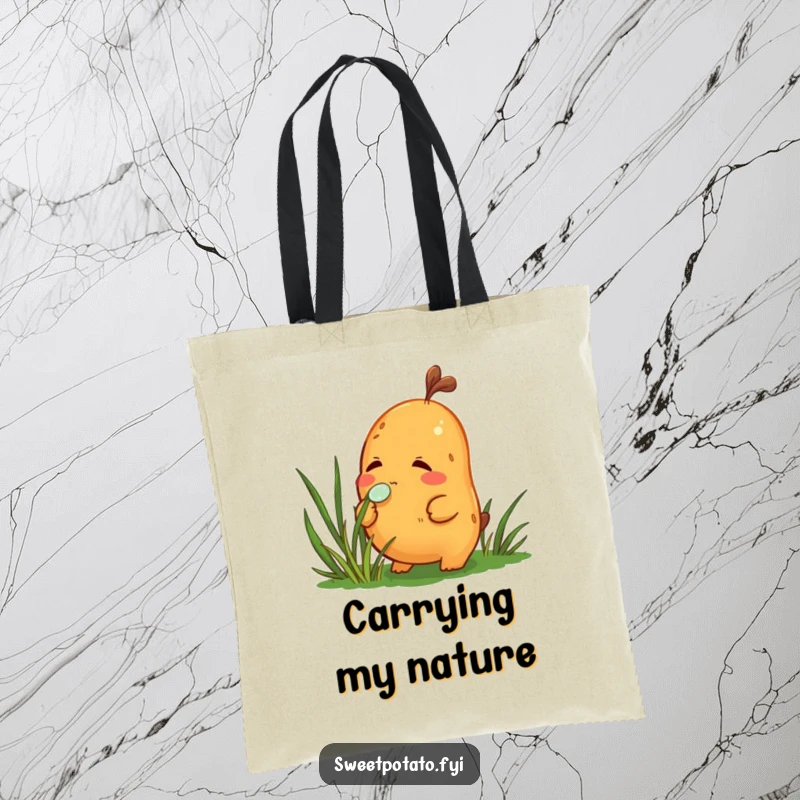 Funny tote bag featuring a curious sweet potato character sniffing a dewdrop on grass, ideal for carrying items with a thoughtful touch.