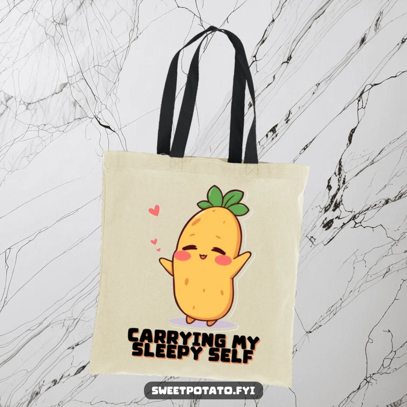 Funny tote bag with a sweet potato character stretching with a relieved smile after a nap, a humorous accessory.