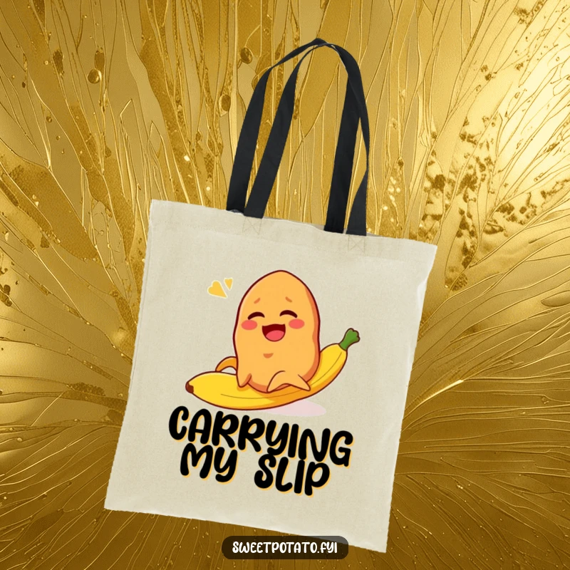 Funny sweet potato character slipping dramatically on a banana peel, a comical tote bag design.