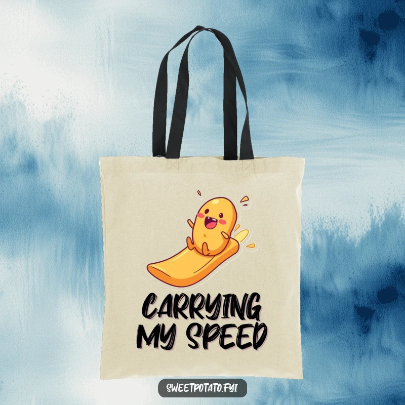 Funny sweet potato character zooming down a potato crisp slide, a humorous and practical tote bag.