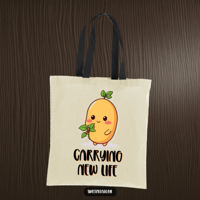 Funny tote bag with a sweet potato character holding a tiny sprout, symbolizing growth and a cheerful vibe.