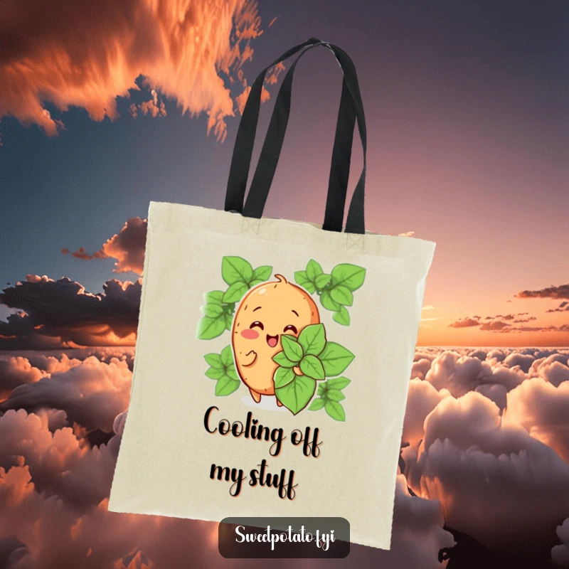 Funny tote bag featuring a cheerful sweet potato character fanning itself with a large mint leaf, perfect for carrying cool vibes and essentials.