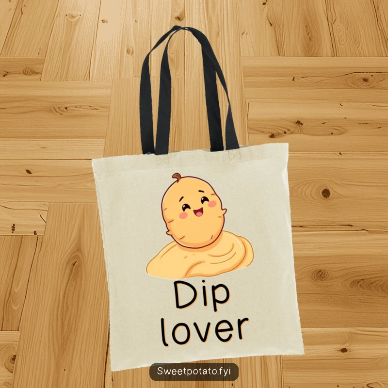 Funny tote bag featuring a cheerful sweet potato character blissfully rolling down a hummus slope with glee.