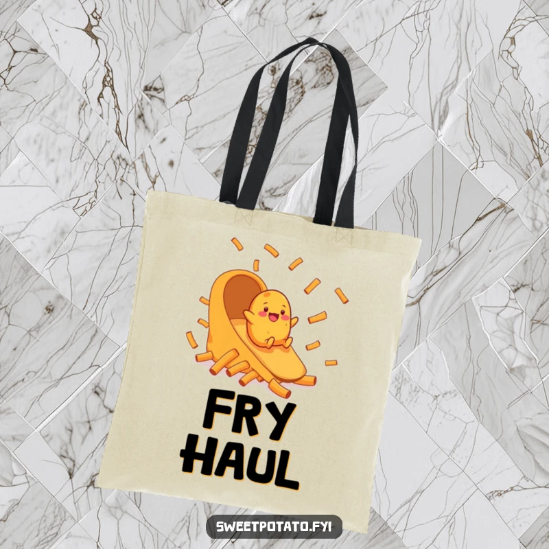 Funny tote bag depicting a cheerful sweet potato character joyfully sliding down an epic chute made of sweet potato fries.