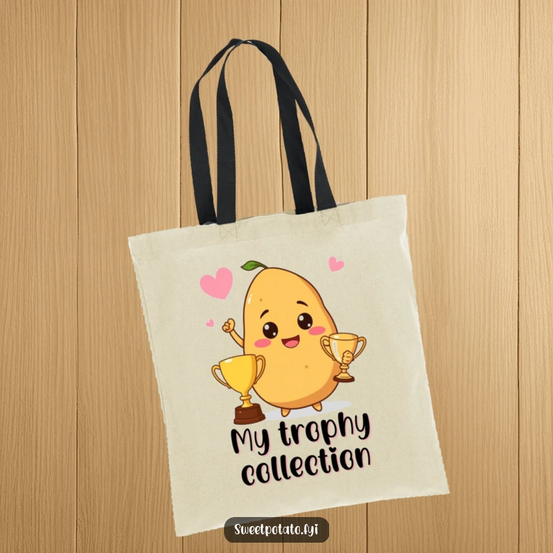 Funny tote bag featuring a proud sweet potato holding a trophy, symbolizing accomplishment and potato-themed celebration.