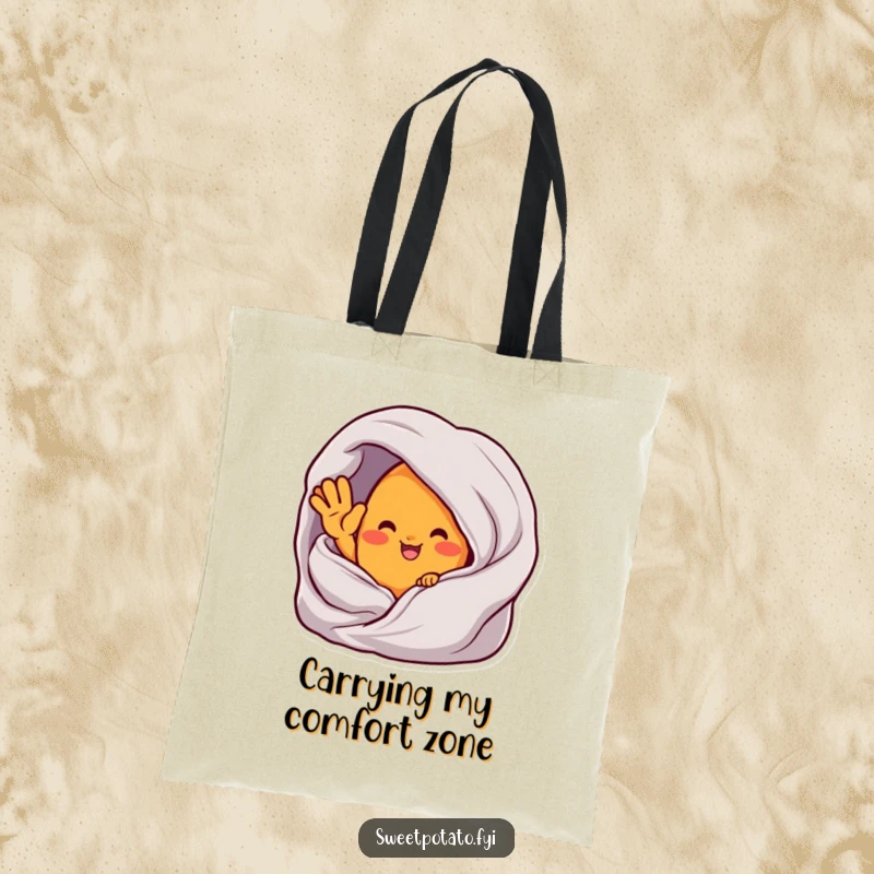 Funny tote bag with a sweet potato character waving from inside a cozy blanket, a humorous accessory for comfort seekers.
