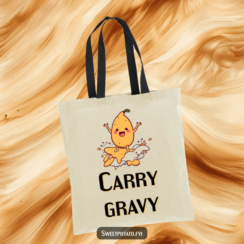 Funny tote bag with a delighted sweet potato character surfing a gravy wave, showcasing a delicious and humorous adventure.