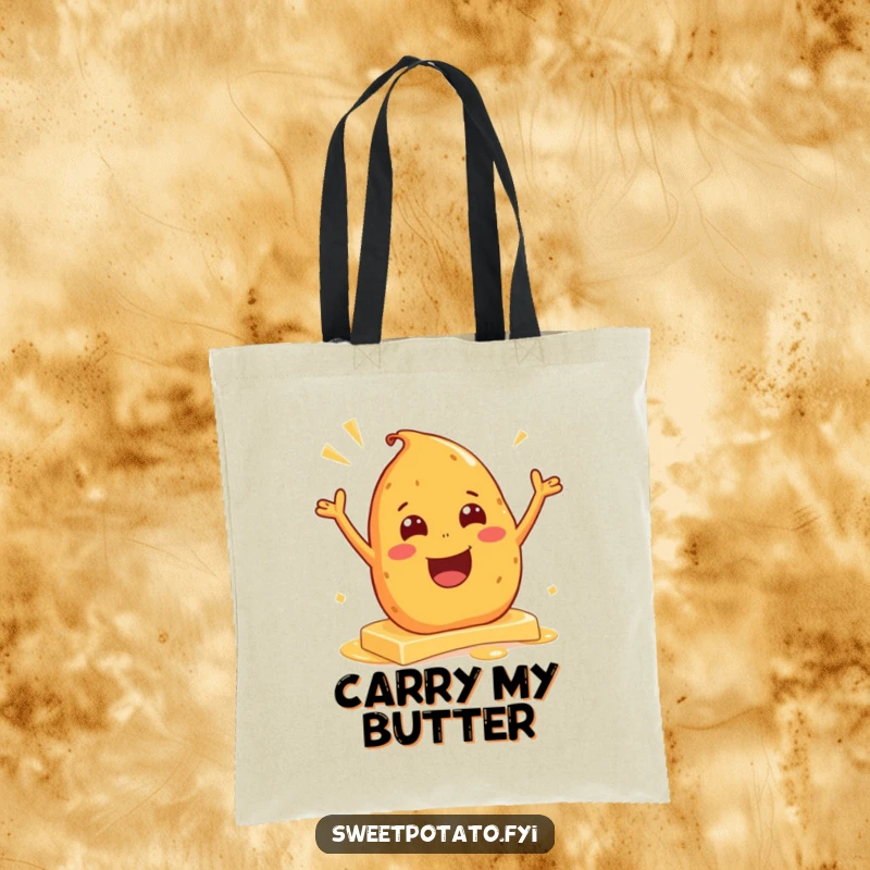 Funny tote bag showcasing an excited sweet potato character gleefully sliding on butter, a humorous and eye-catching design.