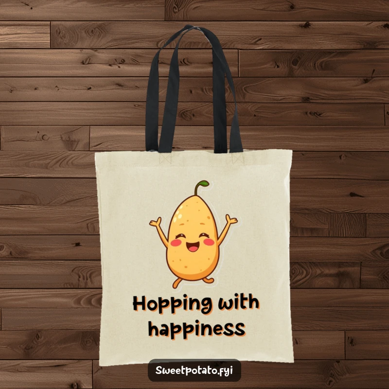 Funny tote bag with a sweet potato character captured mid-jump with immense joy, perfect for cheerful errands.