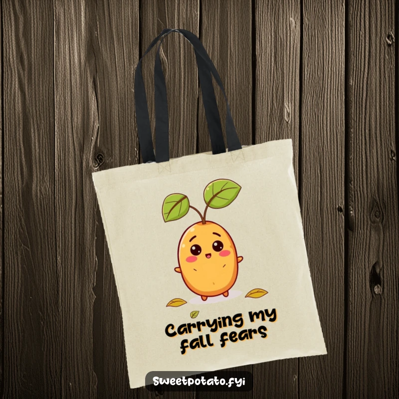 Funny tote bag with a sweet potato making a surprised face at a falling leaf, a humorous accessory for shoppers.