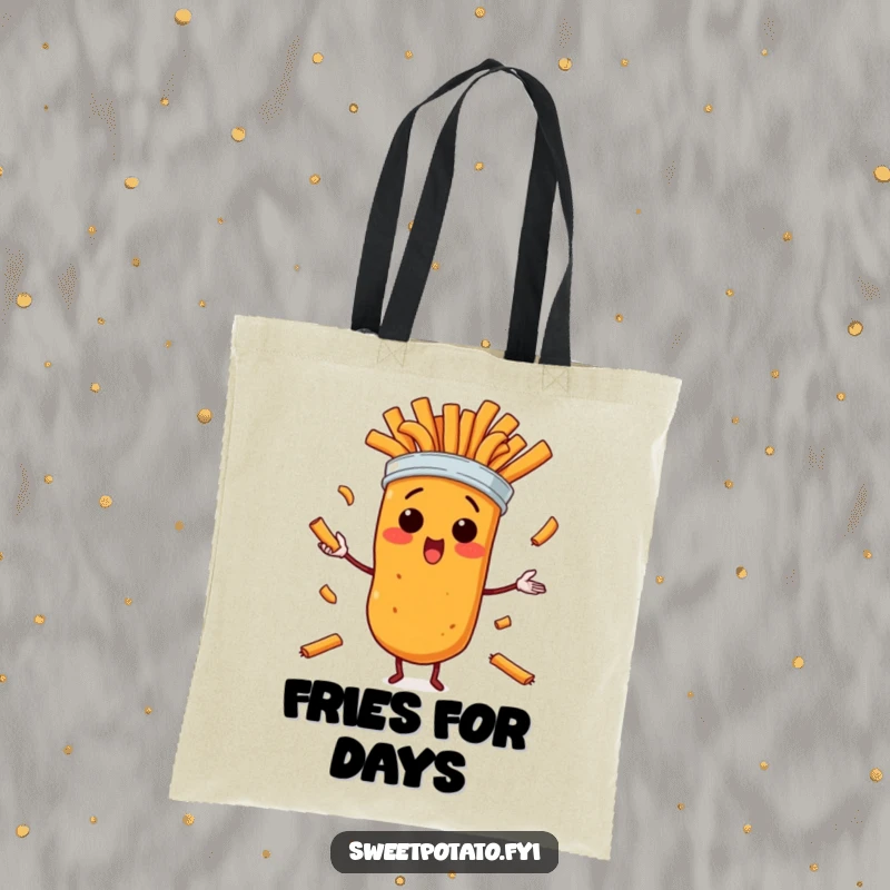 Funny tote bag depicting a wide-eyed sweet potato character in a hilarious juggling act with sweet potato fries, perfect for shopping.