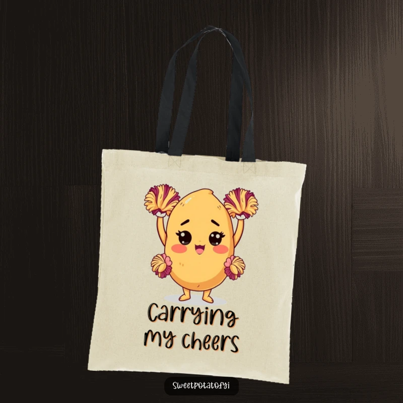 Funny sweet potato tote bag showcasing a determined character with pom-poms, perfect for carrying items with a dose of pep.