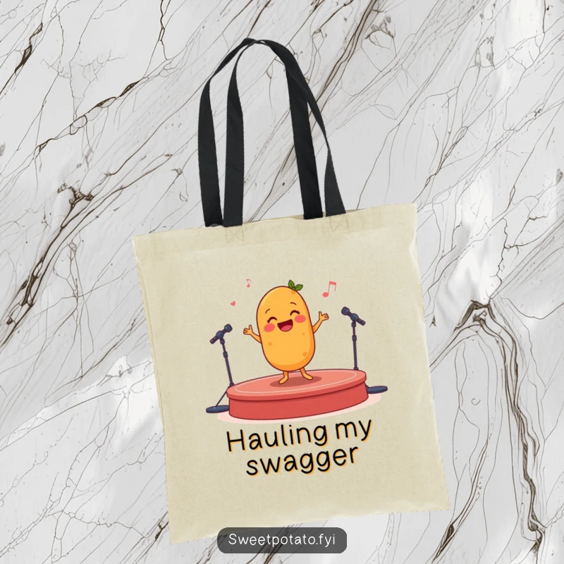 Funny sweet potato character doing a happy jig on stage, a humorous and practical tote bag.