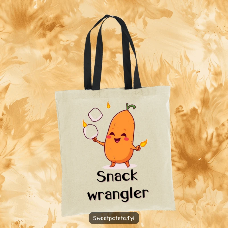 Funny tote bag with a sweet potato character juggling roasted marshmallows, sporting a mischievous and happy grin.