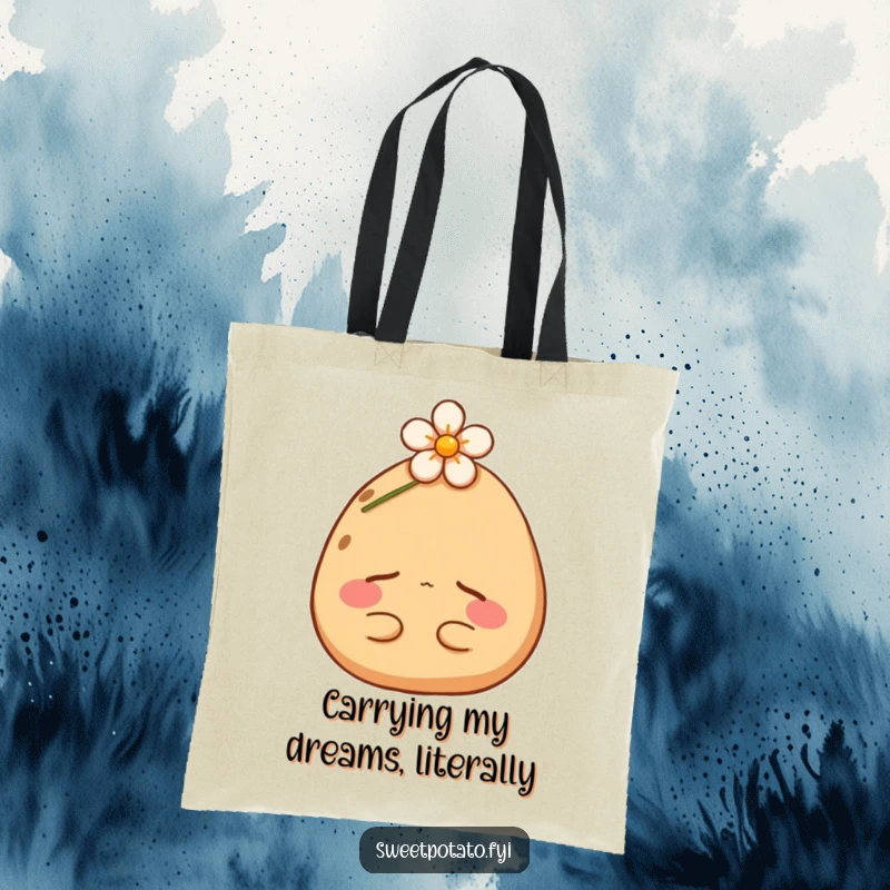 Funny sweet potato tote bag illustrating a content spud taking a nap under a flower. A charming and humorous carry-all.