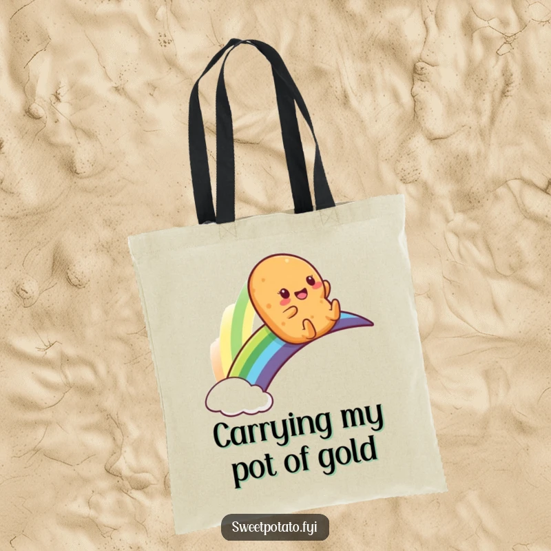 Funny tote bag featuring a sweet potato character having a blast sliding down a rainbow, a cheerful accessory.