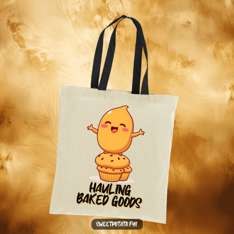 Funny Tote Bag: A durable tote featuring a laughing sweet potato character balancing on muffins, perfect for carrying essentials with humor.