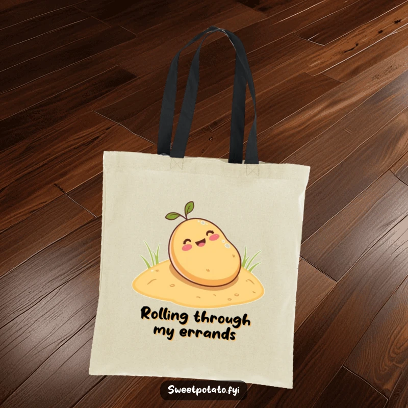 Funny sweet potato tote bag, a cartoon sweet potato happily rolling down a sandy hill, a delightful and practical accessory.