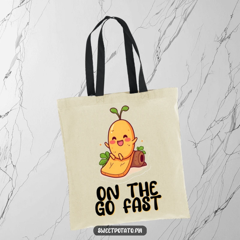 Funny tote bag featuring a cheerful sweet potato character gleefully sliding down a large yam slide, embodying adventure.