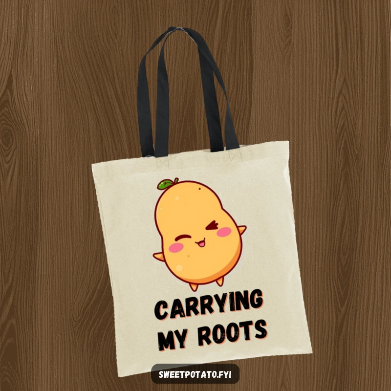 Funny tote bag featuring a sweet potato character winking with a mischievous smile, ideal for stylish, humorous errands.