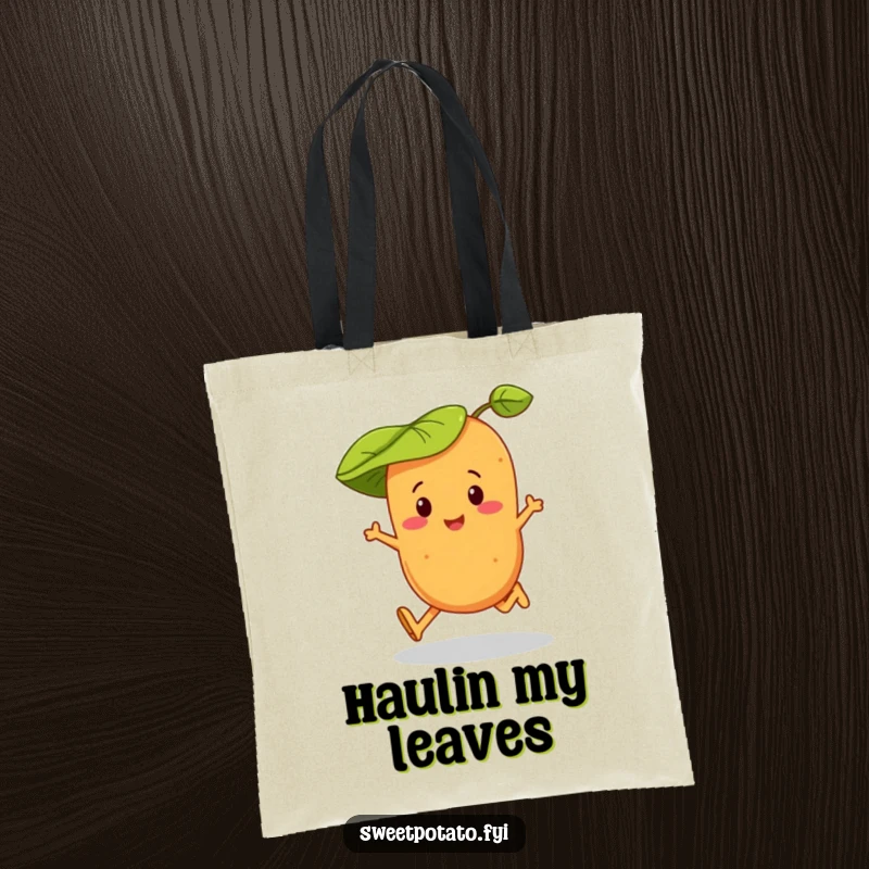 Funny tote bag featuring a sweet potato character in a leaf hat, captured mid-skip with a joyful expression.