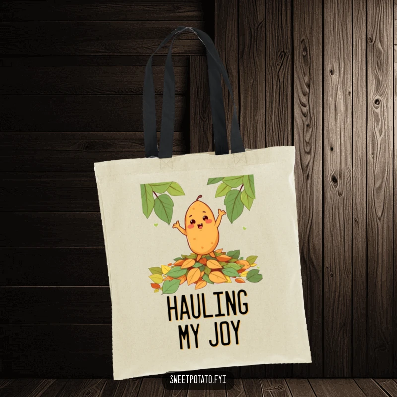 Funny cheerful sweet potato character dancing on a pile of autumn leaves, on a stylish and humorous tote bag.