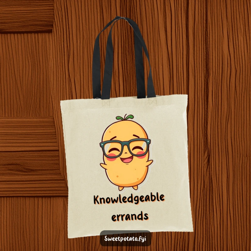 Funny tote bag with a sweet potato character wearing glasses and giggling intelligently, ready to hold your belongings.