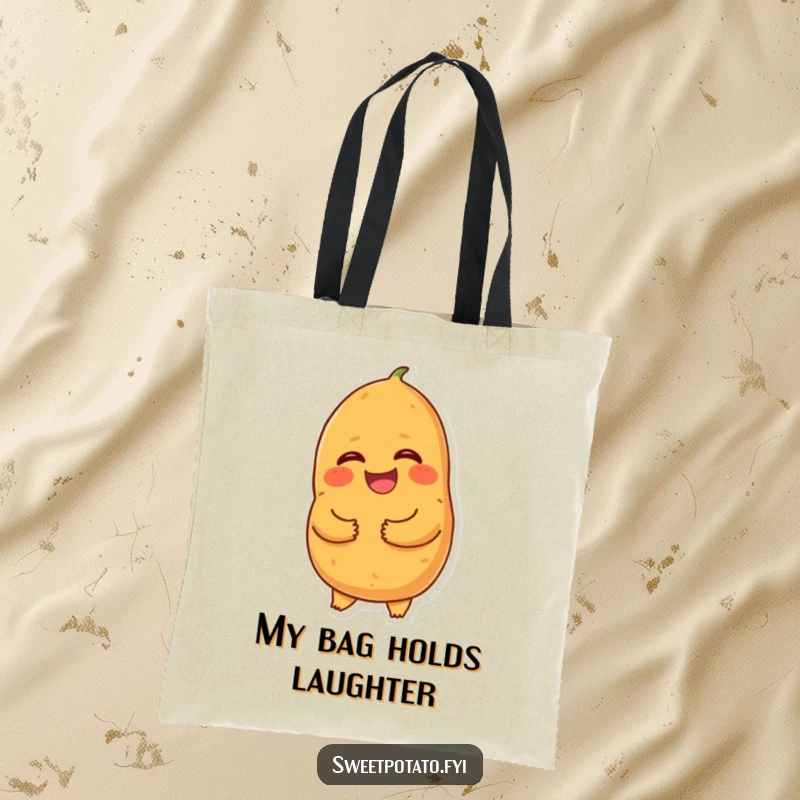Funny giggling sweet potato tote bag, a cartoon sweet potato holding its tummy and laughing, a delightful and practical accessory.