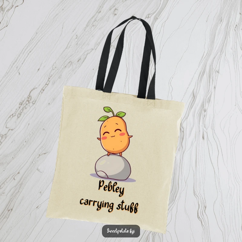 Funny sweet potato character winking and balancing on a pebble, depicted on a durable tote bag for shopping.