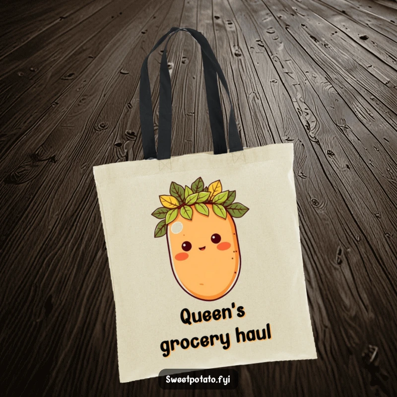 Funny tote bag featuring a sweet potato character wearing a crown of leaves, perfect for carrying items with regal flair.